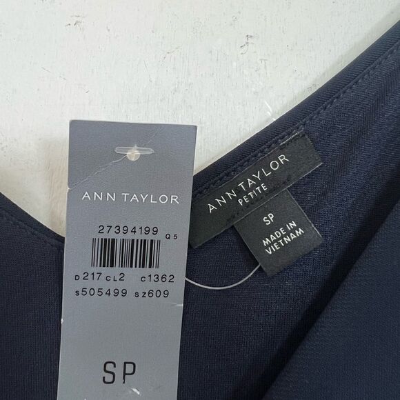 Ann Taylor Navy Blue Matte Jersey Shoulder Tie Flare Midi Dress SP - Picture 7 of 8